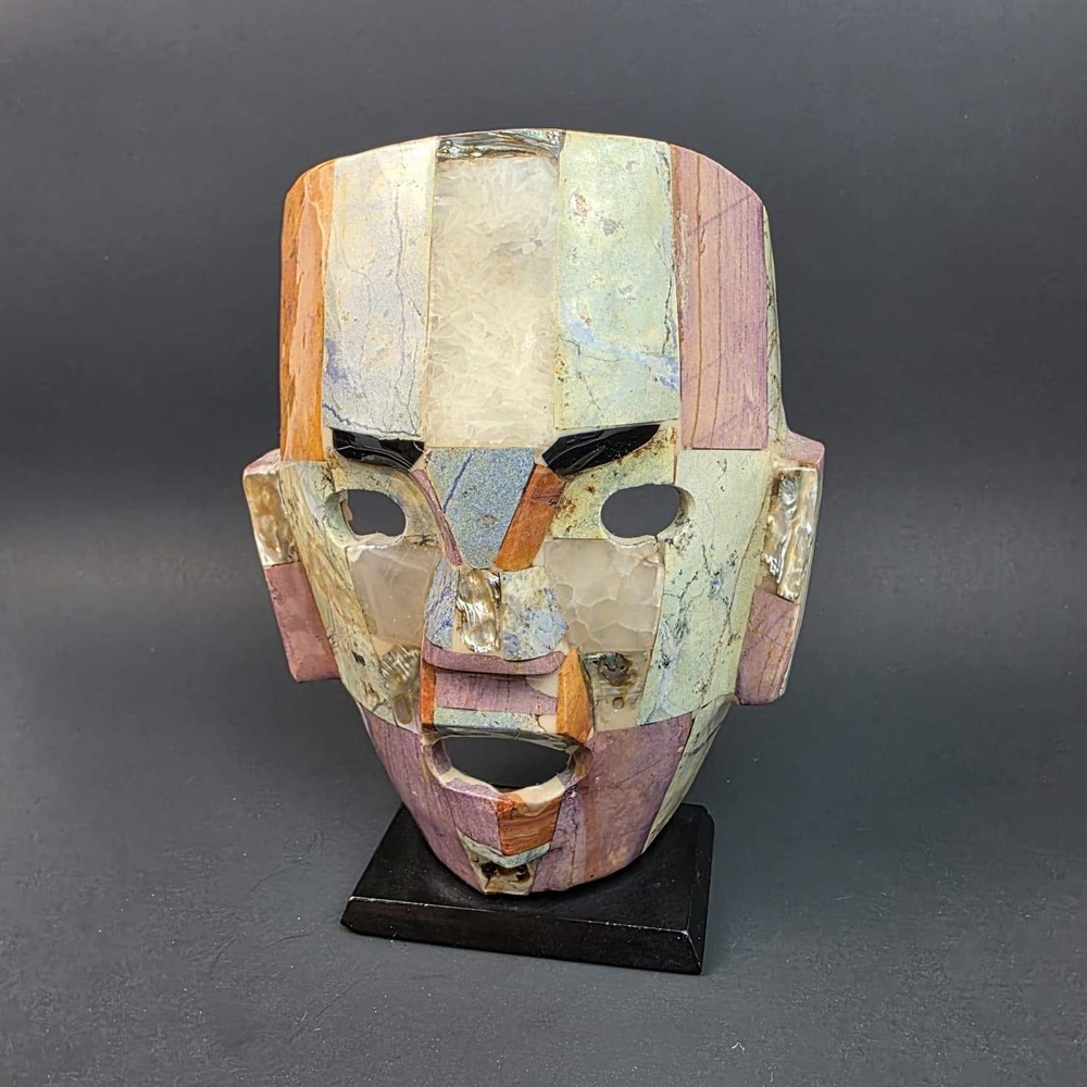 Mexican Mosaic Stone Mask Inlaid Malachite Azurite Onyx Mother of Pearl 8 Inch